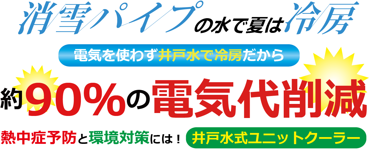 消雪パイプの水で夏は冷房　電気を使わず井戸水で冷房だから　約90％の電気代削減　熱中症予防と環境対策には！ 井戸水式ユニットクーラー